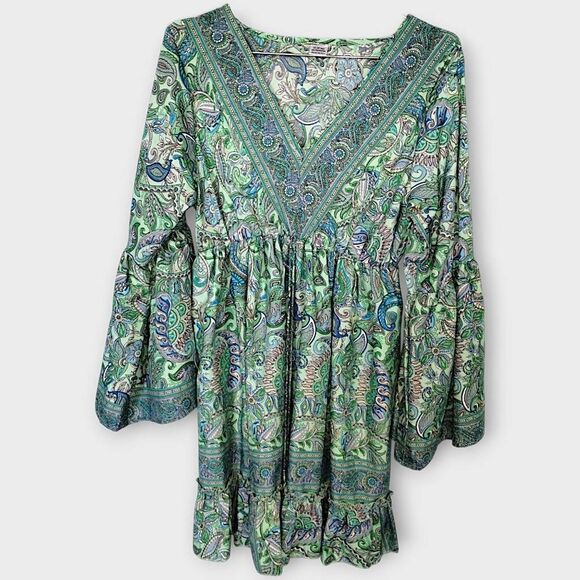 Womens Boho Dress Ruffle Flare Sleeves‎ Bohemian Blue Green Floral V Neck Boho - Picture 1 of 12